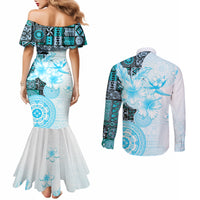 Fiji Couples Matching Mermaid Dress and Long Sleeve Button Shirt Masi Tapa Pattern Blue LT05 - Polynesian Pride