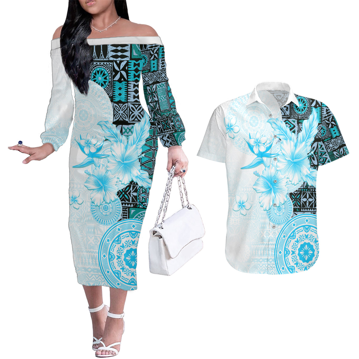 Fiji Couples Matching Off The Shoulder Long Sleeve Dress and Hawaiian Shirt Masi Tapa Pattern Blue LT05 Blue - Polynesian Pride