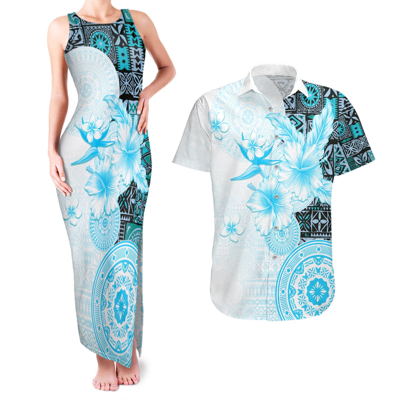 Fiji Couples Matching Tank Maxi Dress and Hawaiian Shirt Masi Tapa Pattern Blue LT05 Blue - Polynesian Pride