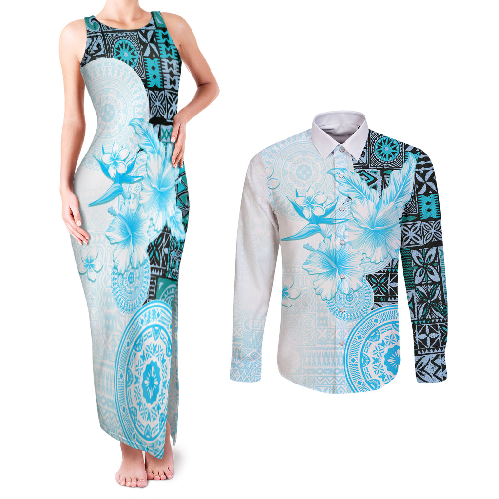 Fiji Couples Matching Tank Maxi Dress and Long Sleeve Button Shirt Masi Tapa Pattern Blue LT05 Blue - Polynesian Pride
