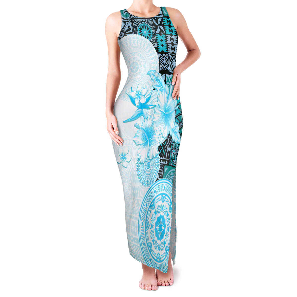 Fiji Family Matching Tank Maxi Dress and Hawaiian Shirt Masi Tapa Pattern Blue LT05 Mom's Dress Blue - Polynesian Pride