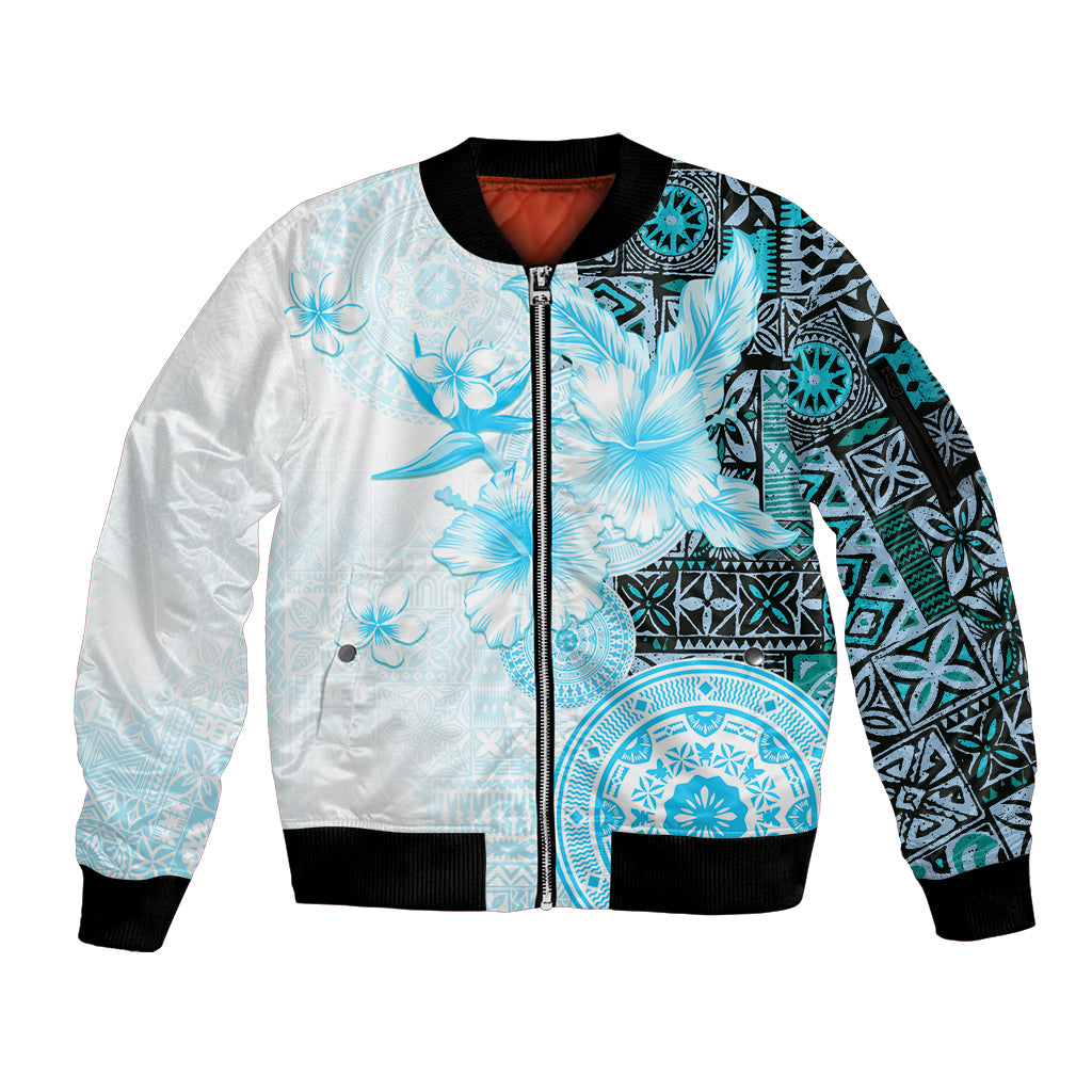 Fiji Sleeve Zip Bomber Jacket Masi Tapa Pattern Blue LT05 Unisex Blue - Polynesian Pride