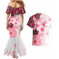 Fiji Couples Matching Mermaid Dress and Hawaiian Shirt Masi Tapa Pattern Red LT05 - Polynesian Pride