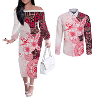 Fiji Couples Matching Off The Shoulder Long Sleeve Dress and Long Sleeve Button Shirt Masi Tapa Pattern Red LT05 Red - Polynesian Pride