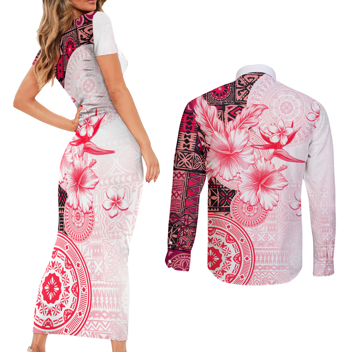 Fiji Couples Matching Short Sleeve Bodycon Dress and Long Sleeve Button Shirt Masi Tapa Pattern Red LT05 - Polynesian Pride