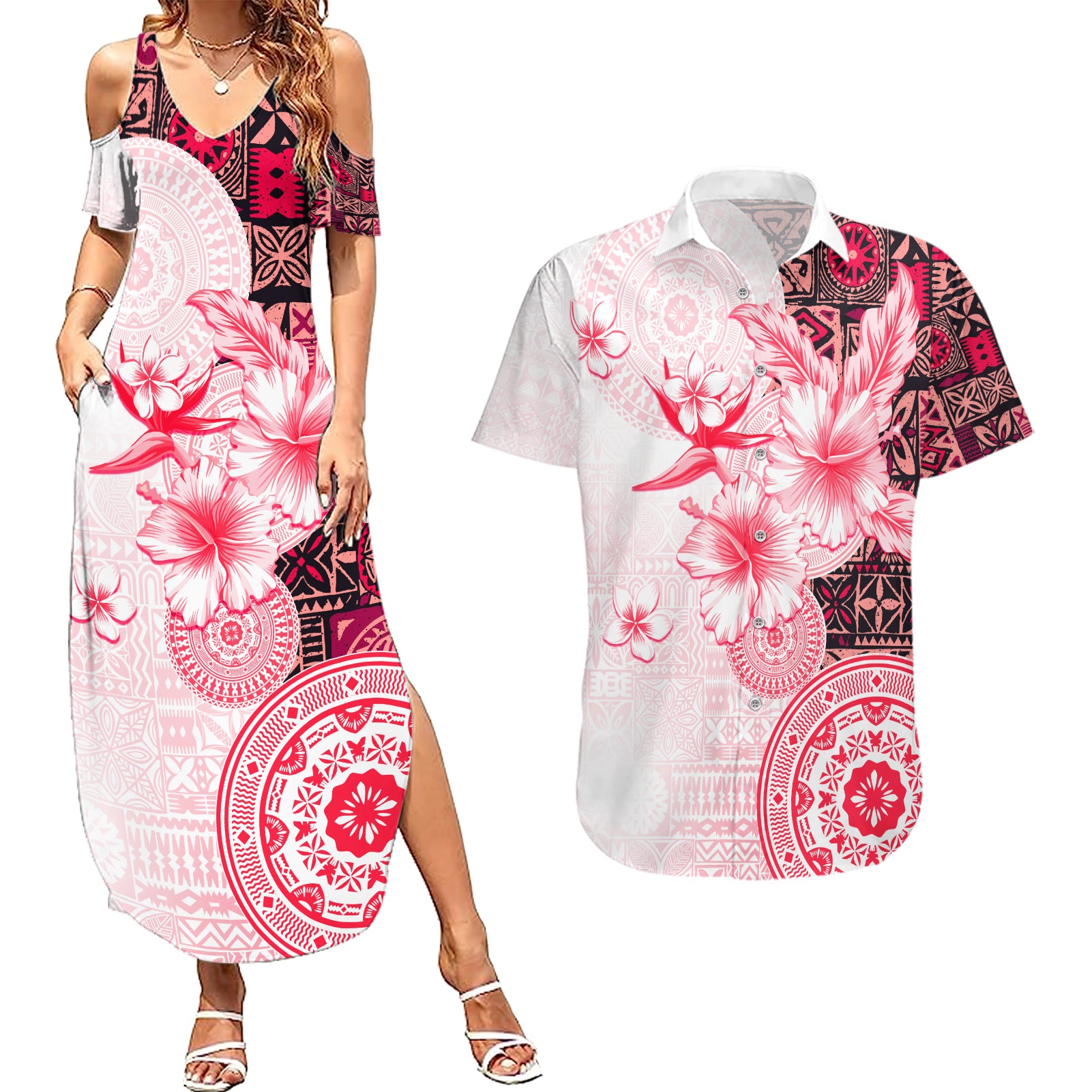 Fiji Couples Matching Summer Maxi Dress and Hawaiian Shirt Masi Tapa Pattern Red LT05 Red - Polynesian Pride