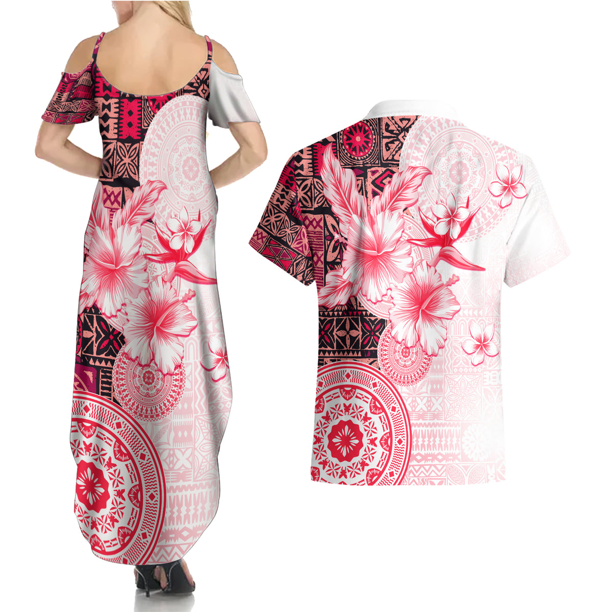 Fiji Couples Matching Summer Maxi Dress and Hawaiian Shirt Masi Tapa Pattern Red LT05 - Polynesian Pride