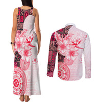 Fiji Couples Matching Tank Maxi Dress and Long Sleeve Button Shirt Masi Tapa Pattern Red LT05 - Polynesian Pride