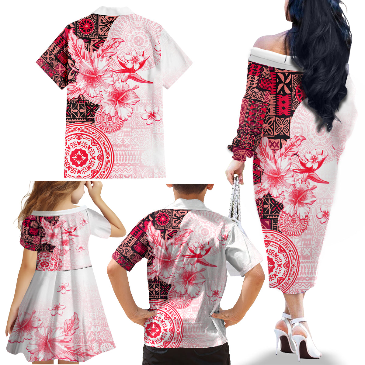 Fiji Family Matching Off Shoulder Long Sleeve Dress and Hawaiian Shirt Masi Tapa Pattern Red LT05 - Polynesian Pride