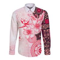 Fiji Long Sleeve Button Shirt Masi Tapa Pattern Red LT05 Unisex Red - Polynesian Pride