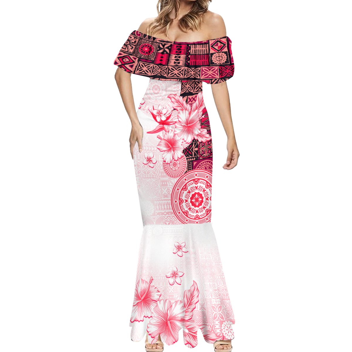 Fiji Mermaid Dress Masi Tapa Pattern Red LT05 - Polynesian Pride