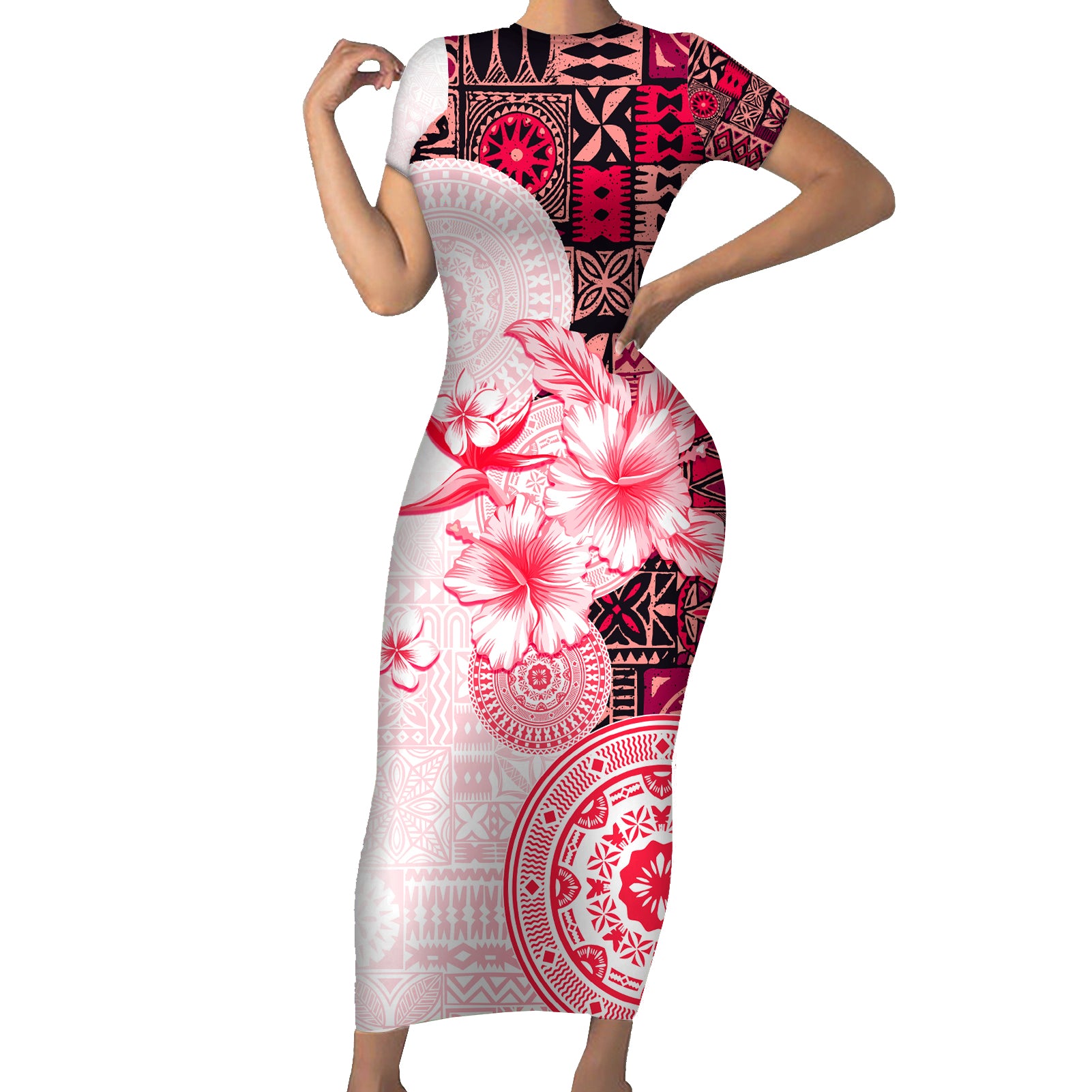 Fiji Short Sleeve Bodycon Dress Masi Tapa Pattern Red LT05 Long Dress Red - Polynesian Pride