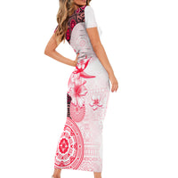 Fiji Short Sleeve Bodycon Dress Masi Tapa Pattern Red LT05 - Polynesian Pride