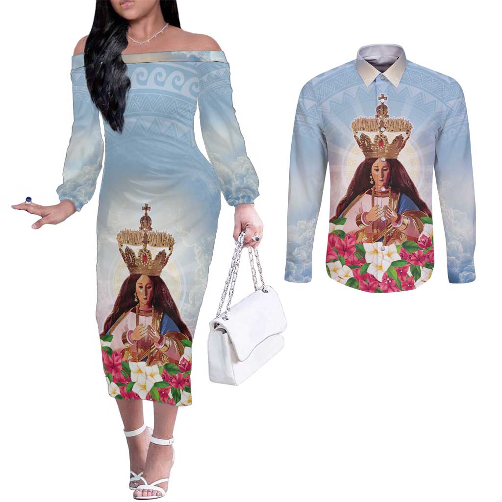 Guam Patroness Couples Matching Off The Shoulder Long Sleeve Dress and Long Sleeve Button Shirt The Legend Santa Marian Kamalen