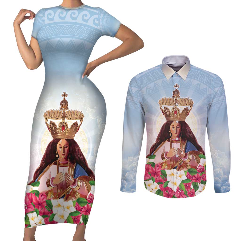 Guam Patroness Couples Matching Short Sleeve Bodycon Dress and Long Sleeve Button Shirt The Legend Santa Marian Kamalen