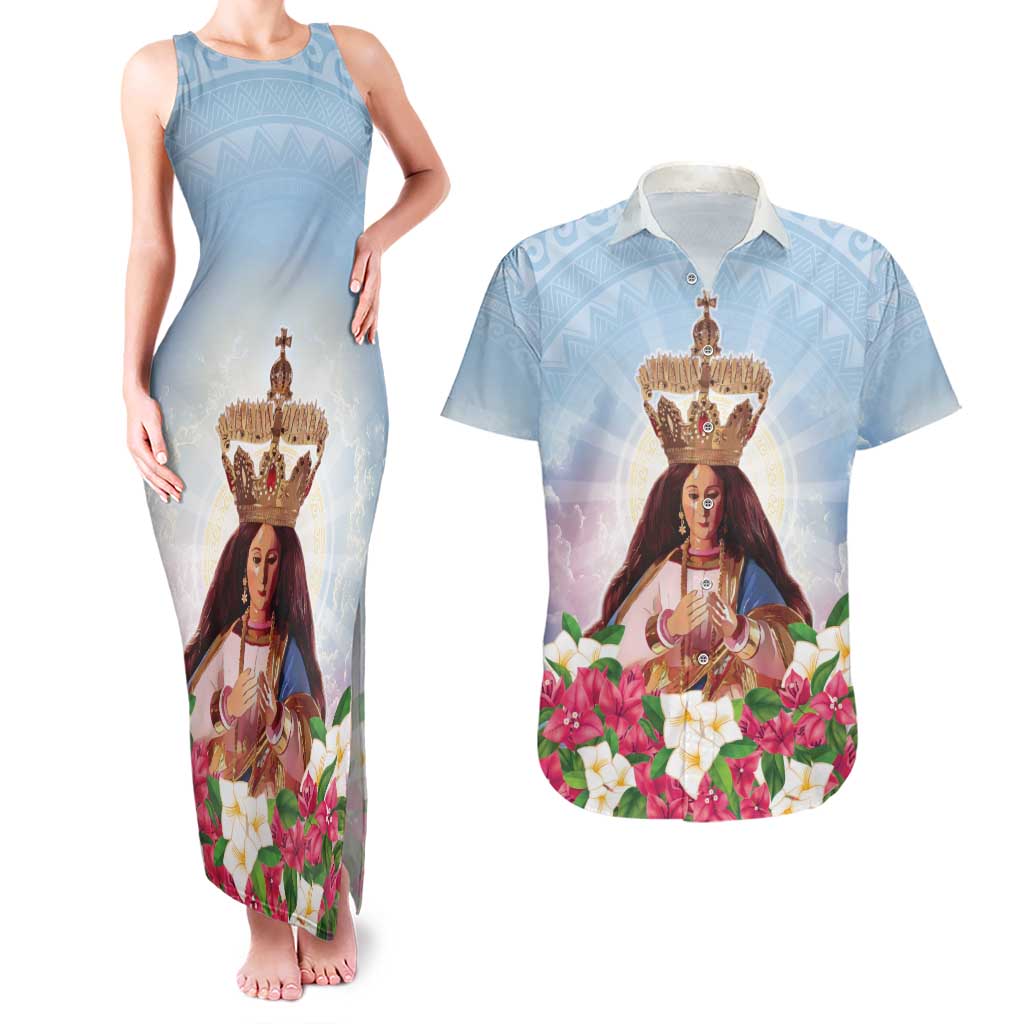 Guam Patroness Couples Matching Tank Maxi Dress and Hawaiian Shirt The Legend Santa Marian Kamalen