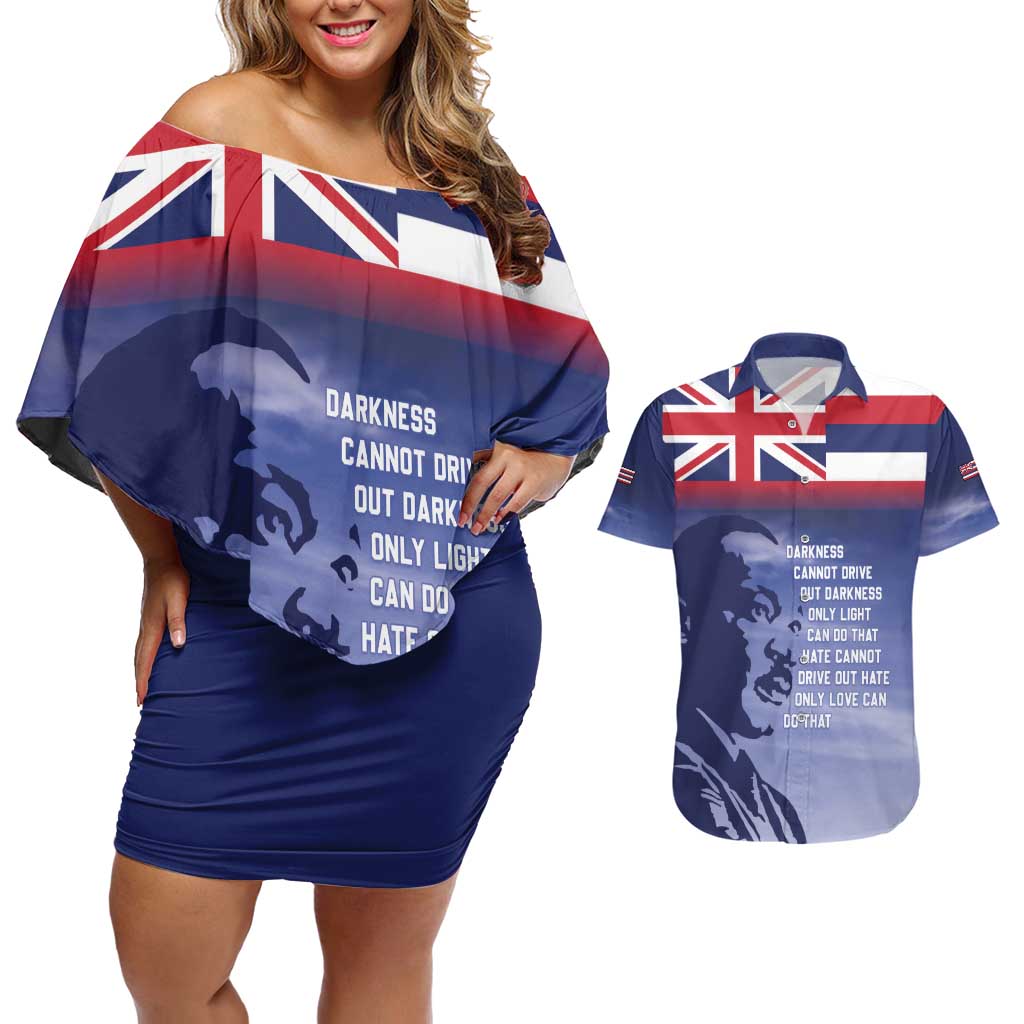 Hawaii MLK Day Couples Matching Off Shoulder Short Dress and Hawaiian Shirt