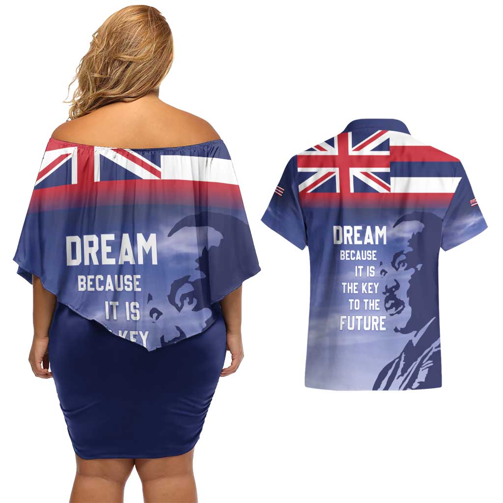 Hawaii MLK Day Couples Matching Off Shoulder Short Dress and Hawaiian Shirt