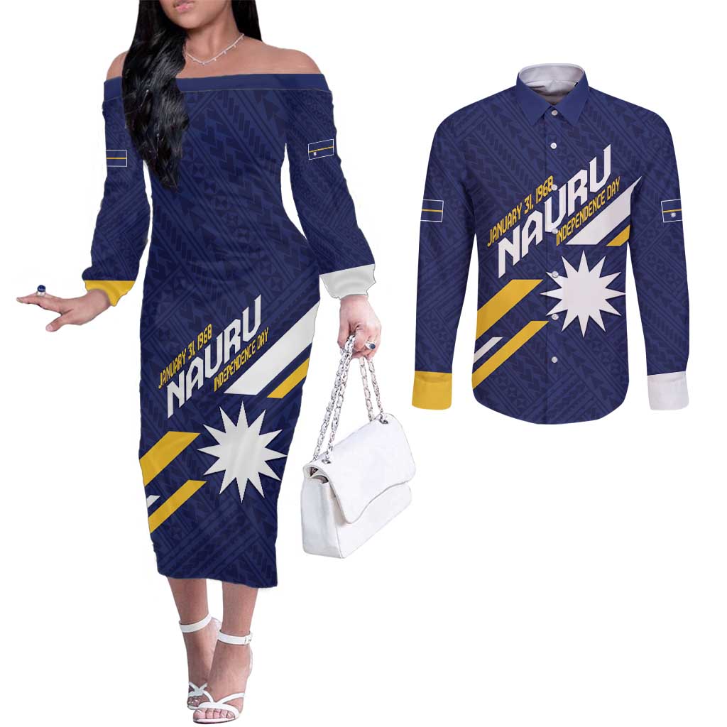 Personalised Happy Nauru Independence Day Couples Matching Off The Shoulder Long Sleeve Dress and Long Sleeve Button Shirt Polynesian Pattern