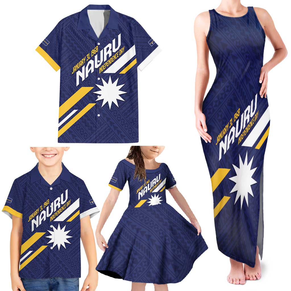 Personalised Happy Nauru Independence Day Family Matching Tank Maxi Dress and Hawaiian Shirt Polynesian Pattern