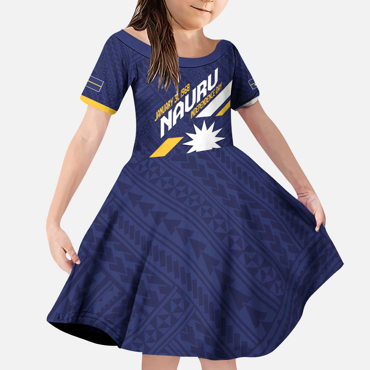 Personalised Happy Nauru Independence Day Kid Short Sleeve Dress Polynesian Pattern