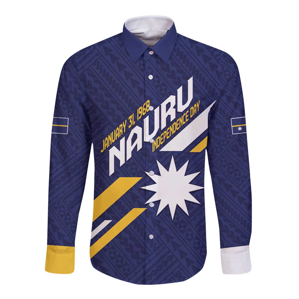 Personalised Happy Nauru Independence Day Long Sleeve Button Shirt Polynesian Pattern