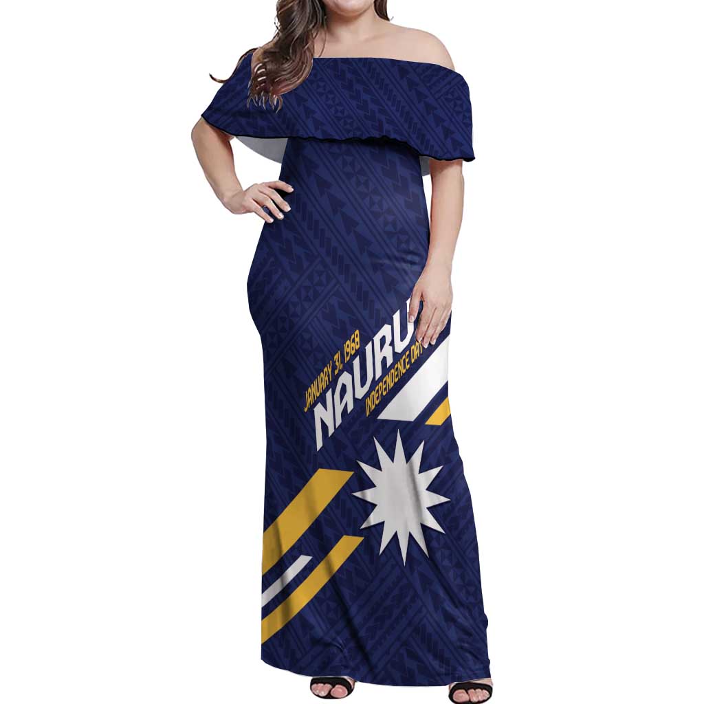 Personalised Happy Nauru Independence Day Off Shoulder Maxi Dress Polynesian Pattern