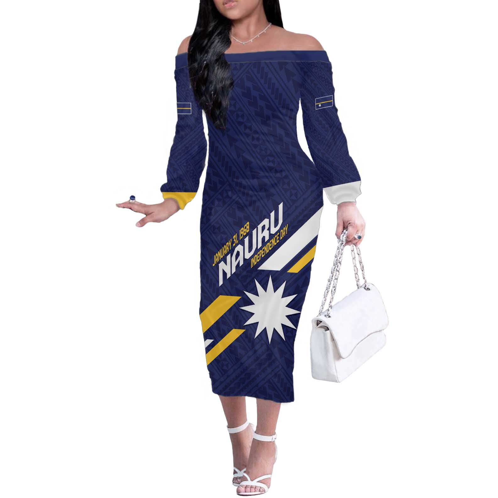 Personalised Happy Nauru Independence Day Off The Shoulder Long Sleeve Dress Polynesian Pattern