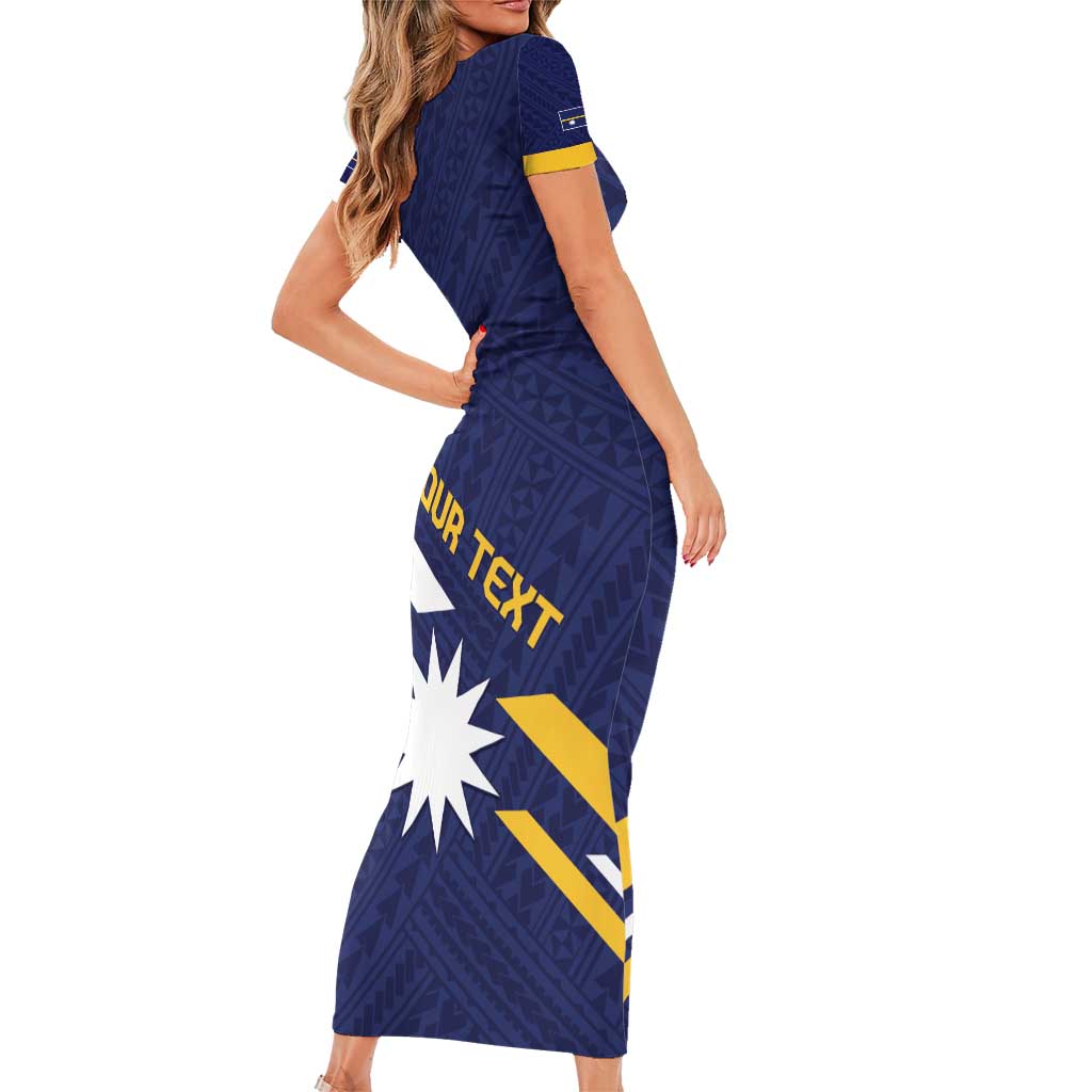 Personalised Happy Nauru Independence Day Short Sleeve Bodycon Dress Polynesian Pattern
