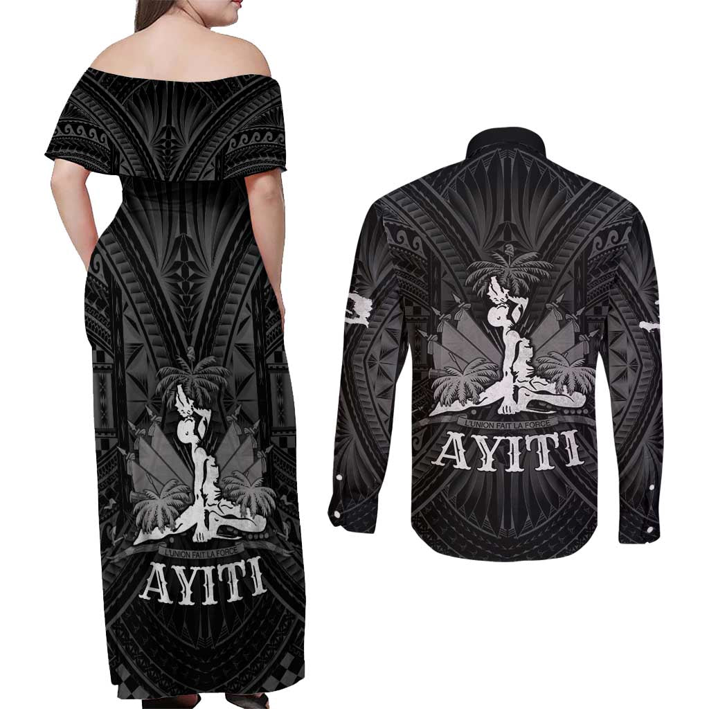 Haiti 1804 Couples Matching Off Shoulder Maxi Dress and Long Sleeve Button Shirt Polynesian Silver Neg Maron