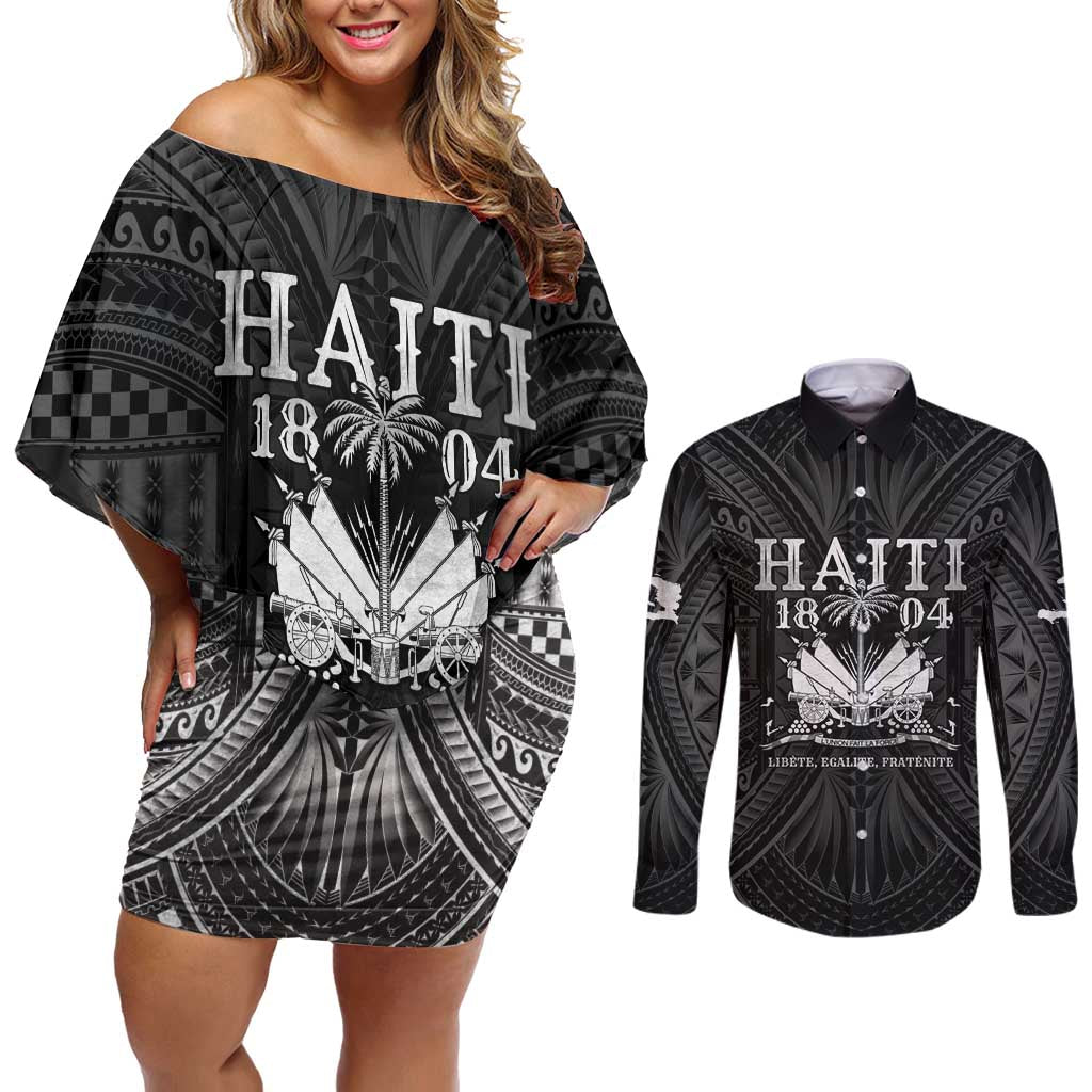 Haiti 1804 Couples Matching Off Shoulder Short Dress and Long Sleeve Button Shirt Polynesian Silver Neg Maron