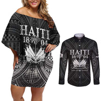Haiti 1804 Couples Matching Off Shoulder Short Dress and Long Sleeve Button Shirt Polynesian Silver Neg Maron