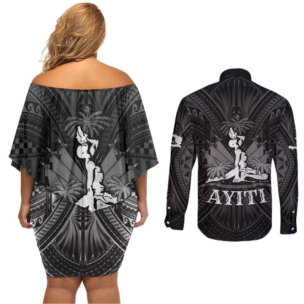 Haiti 1804 Couples Matching Off Shoulder Short Dress and Long Sleeve Button Shirt Polynesian Silver Neg Maron