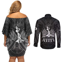 Haiti 1804 Couples Matching Off Shoulder Short Dress and Long Sleeve Button Shirt Polynesian Silver Neg Maron