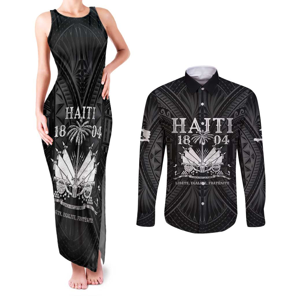 Haiti 1804 Couples Matching Tank Maxi Dress and Long Sleeve Button Shirt Polynesian Silver Neg Maron