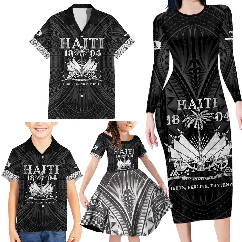 Haiti 1804 Family Matching Long Sleeve Bodycon Dress and Hawaiian Shirt Polynesian Silver Neg Maron LT05 - Polynesian Pride