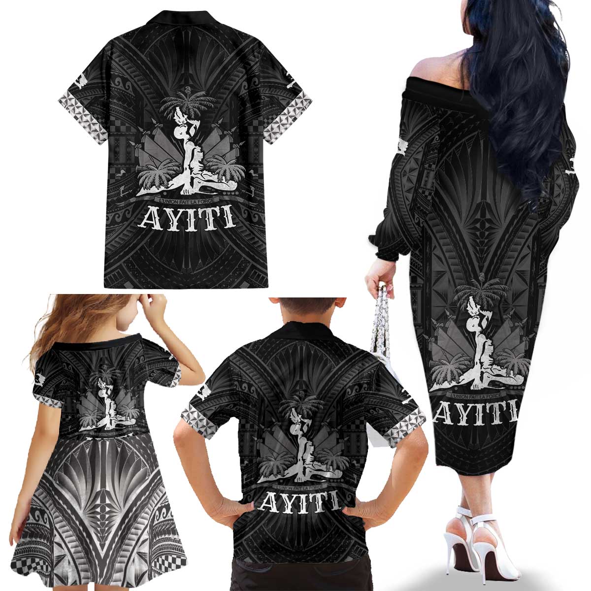 Haiti 1804 Family Matching Off The Shoulder Long Sleeve Dress and Hawaiian Shirt Polynesian Silver Neg Maron