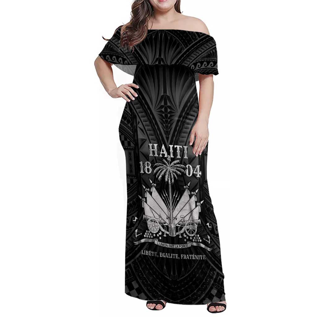 Haiti 1804 Family Matching Off Shoulder Maxi Dress and Hawaiian Shirt Polynesian Silver Neg Maron LT05 Mom's Dress Silver - Polynesian Pride