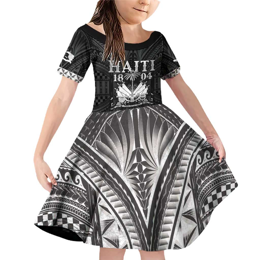 Haiti 1804 Family Matching Off Shoulder Short Dress and Hawaiian Shirt Polynesian Silver Neg Maron LT05 Daughter's Dress Silver - Polynesian Pride
