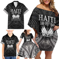 Haiti 1804 Family Matching Off Shoulder Short Dress and Hawaiian Shirt Polynesian Silver Neg Maron LT05 - Polynesian Pride