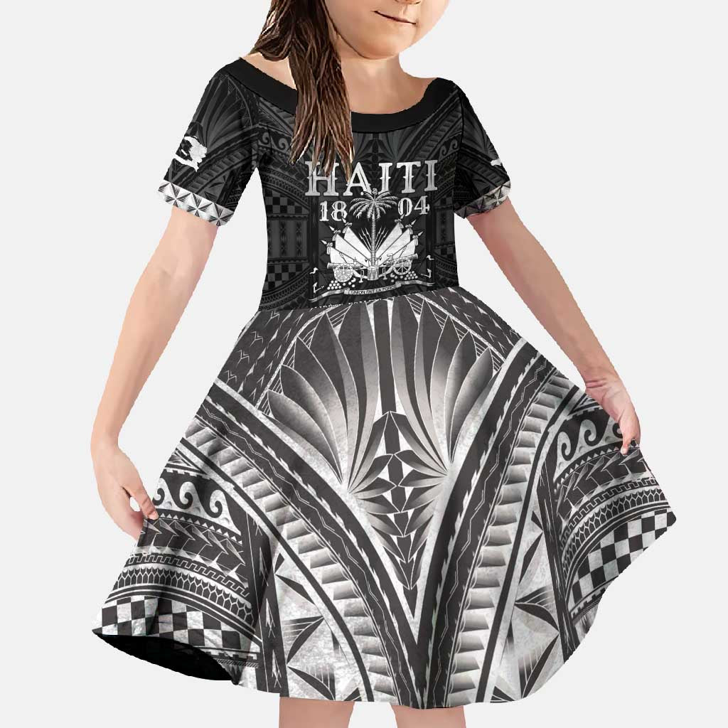 Haiti 1804 Family Matching Summer Maxi Dress and Hawaiian Shirt Polynesian Silver Neg Maron LT05 Daughter's Dress Silver - Polynesian Pride