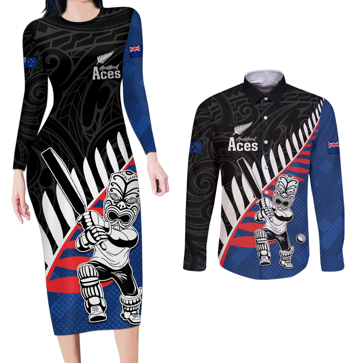 Custom New Zealand Auckland Cricket Couples Matching Long Sleeve Bodycon Dress and Long Sleeve Button Shirt With Maori Pattern LT05 Blue - Polynesian Pride