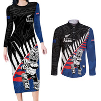 Custom New Zealand Auckland Cricket Couples Matching Long Sleeve Bodycon Dress and Long Sleeve Button Shirt With Maori Pattern LT05 Blue - Polynesian Pride