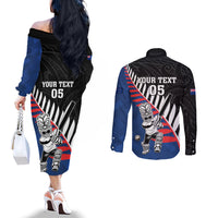 Custom New Zealand Auckland Cricket Couples Matching Off The Shoulder Long Sleeve Dress and Long Sleeve Button Shirt With Maori Pattern LT05 - Polynesian Pride