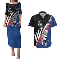 Custom New Zealand Auckland Cricket Couples Matching Puletasi and Hawaiian Shirt With Maori Pattern LT05 Blue - Polynesian Pride