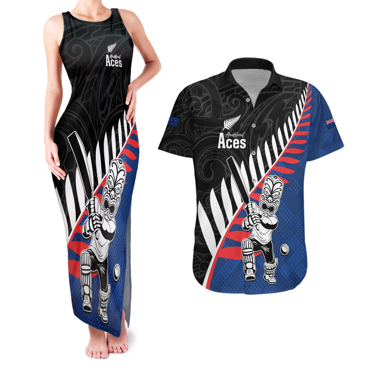 Custom New Zealand Auckland Cricket Couples Matching Tank Maxi Dress and Hawaiian Shirt With Maori Pattern LT05 Blue - Polynesian Pride