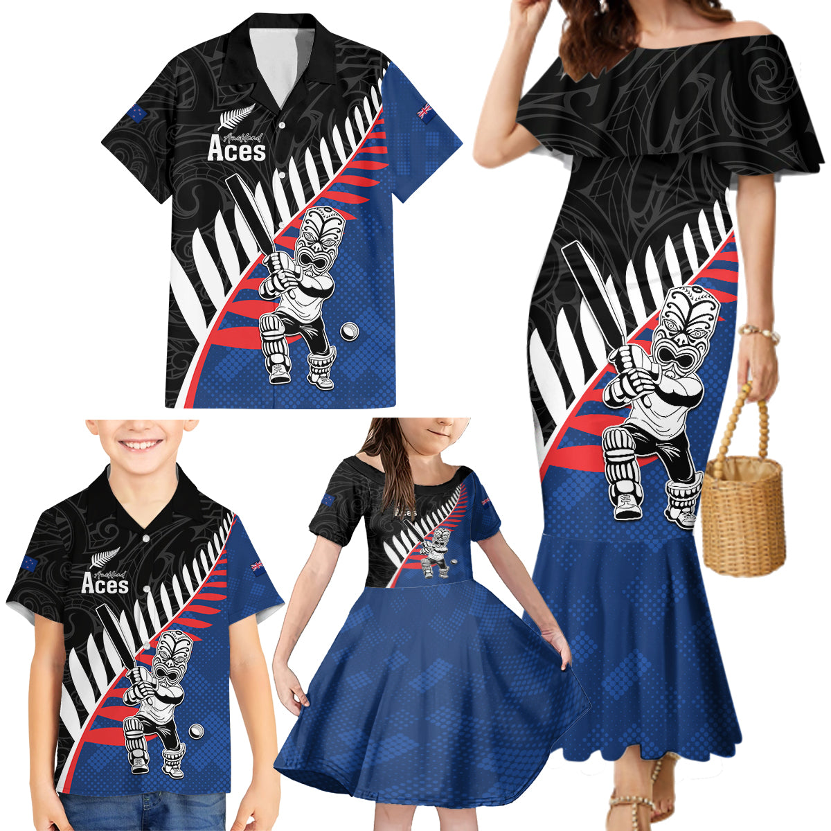 Custom New Zealand Auckland Cricket Family Matching Mermaid Dress and Hawaiian Shirt With Maori Pattern LT05 - Polynesian Pride