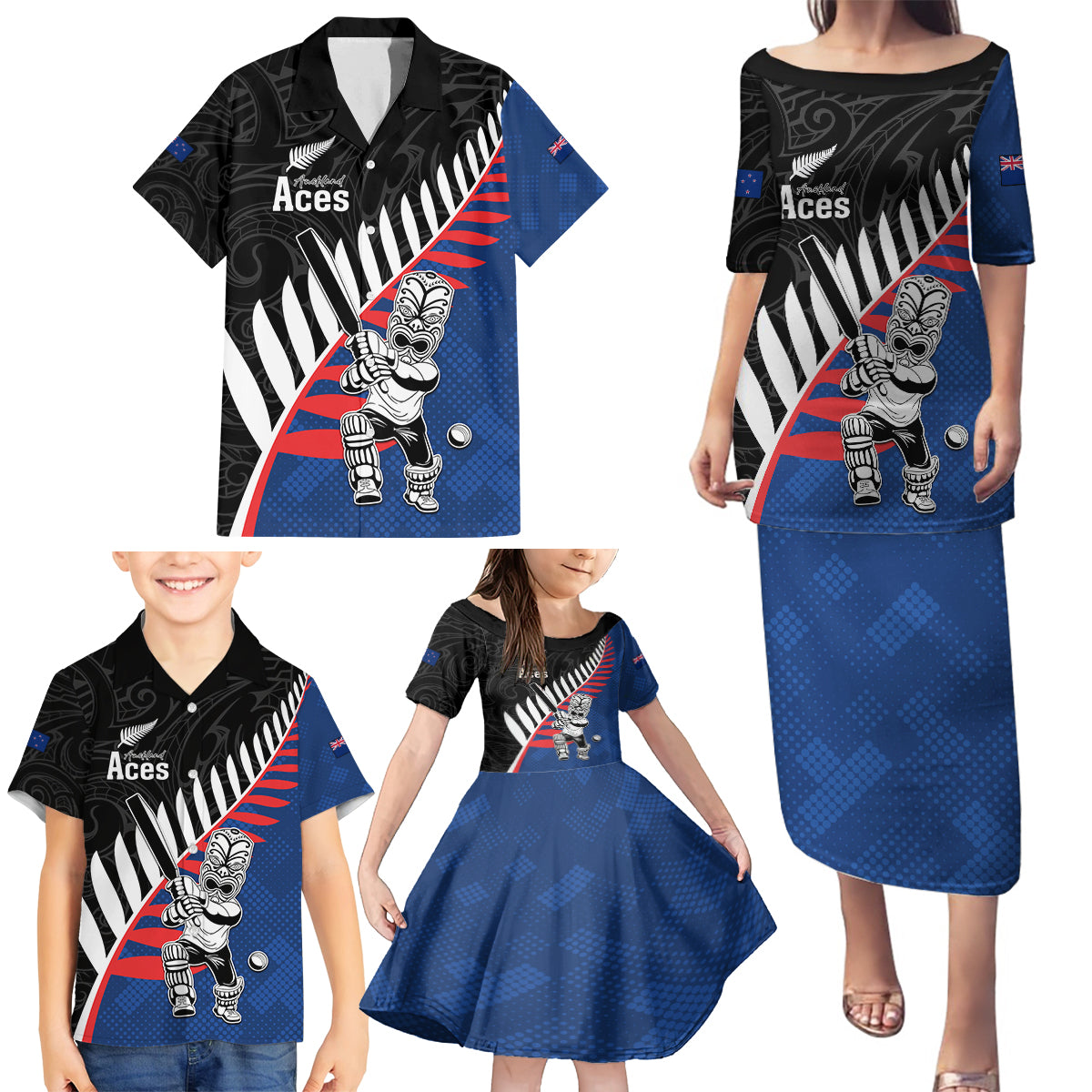 Custom New Zealand Auckland Cricket Family Matching Puletasi and Hawaiian Shirt With Maori Pattern LT05 - Polynesian Pride