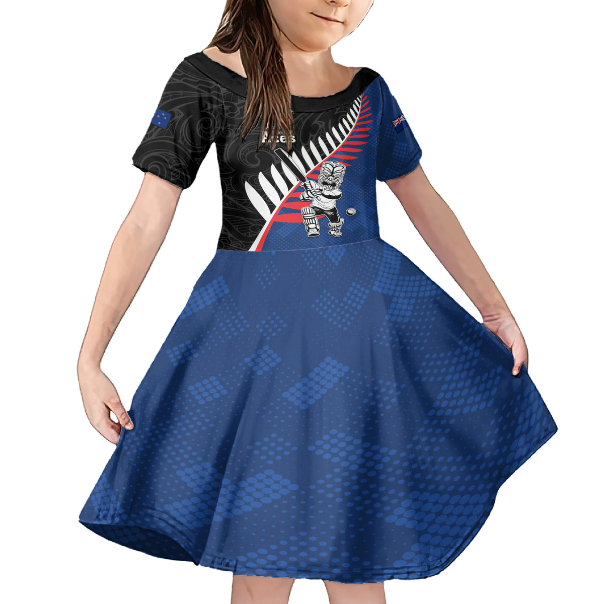 Custom New Zealand Auckland Cricket Family Matching Short Sleeve Bodycon Dress and Hawaiian Shirt With Maori Pattern LT05 Daughter's Dress Blue - Polynesian Pride