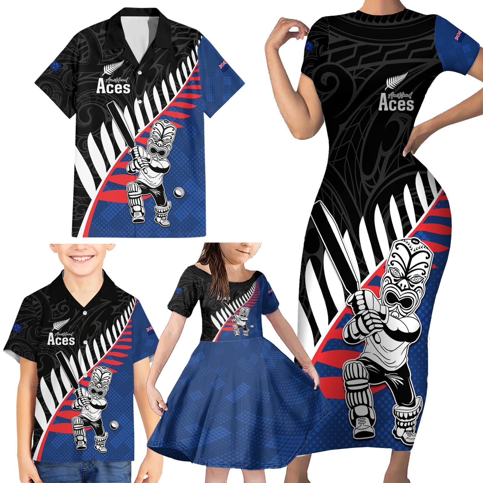 Custom New Zealand Auckland Cricket Family Matching Short Sleeve Bodycon Dress and Hawaiian Shirt With Maori Pattern LT05 - Polynesian Pride